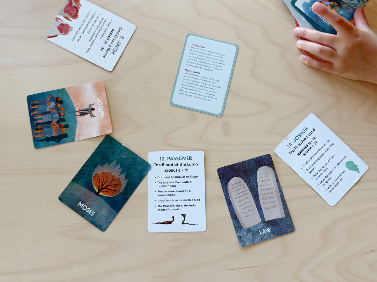 God’s Story, Our Story cards showing Bible illustrations and story summaries