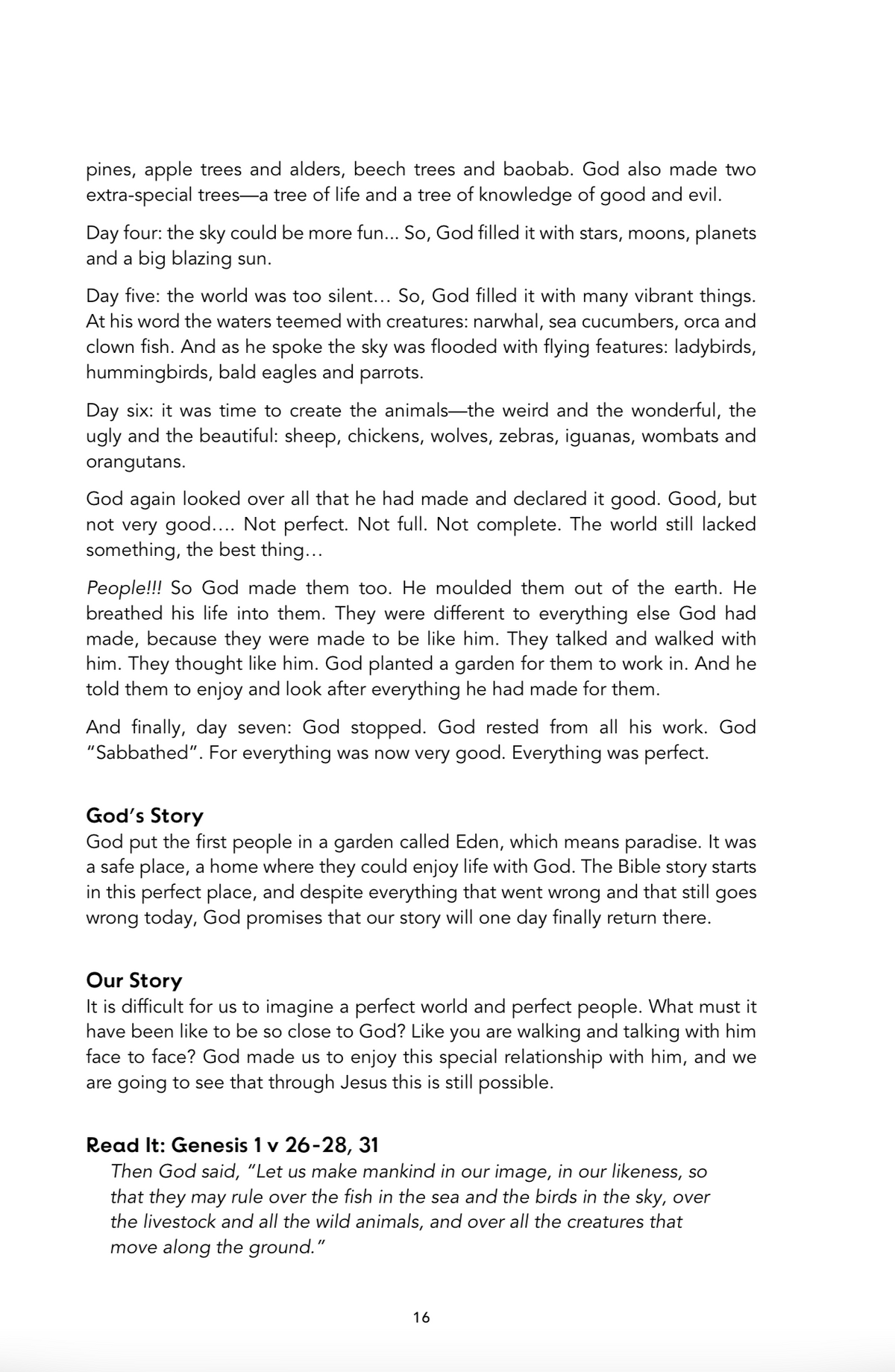 Look inside God’s Story, Our Story: Creation, God Made It Good, page 15